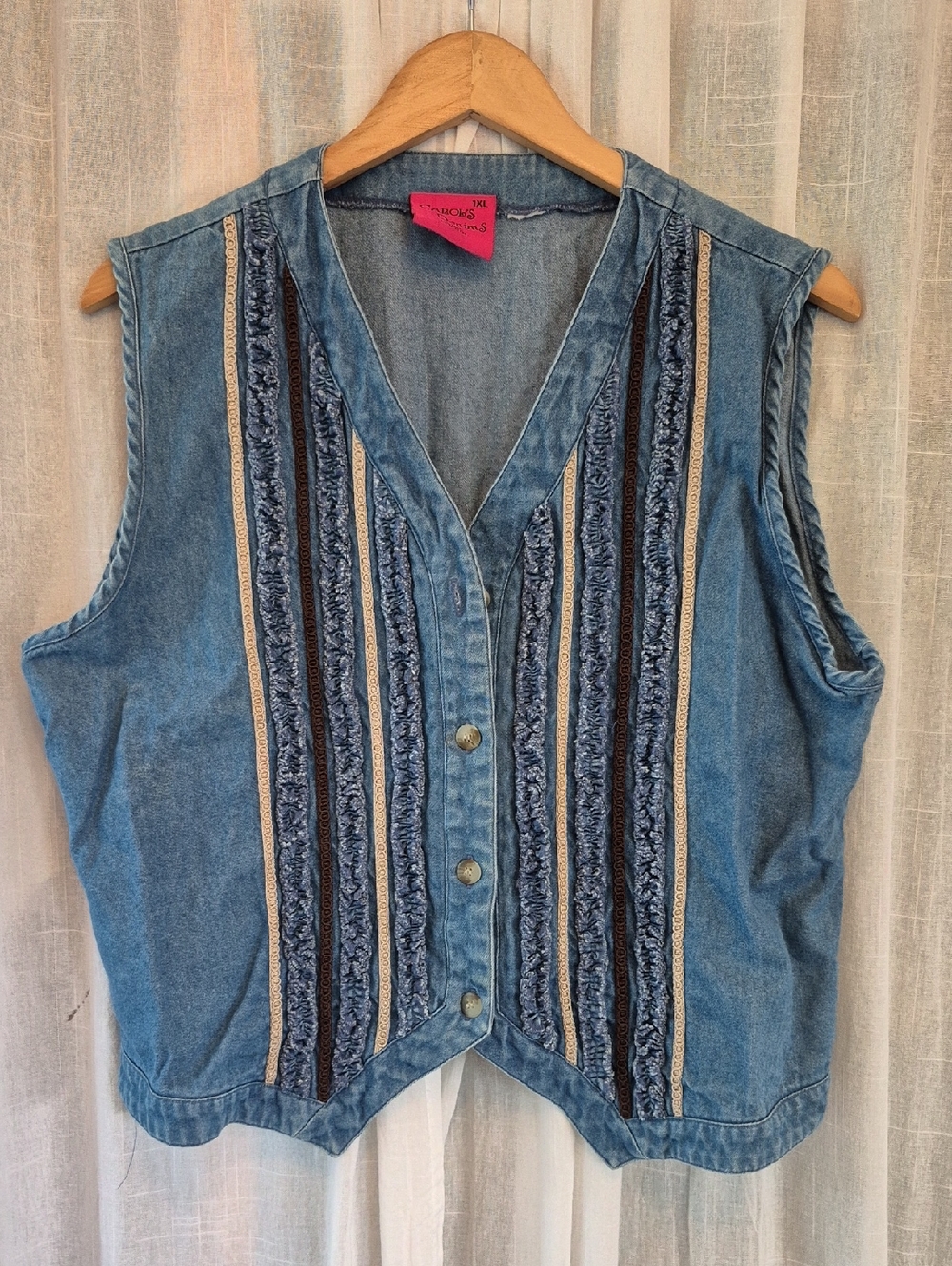 Vintage Embroidered Denim Vest in Light Blue W Ruffles.